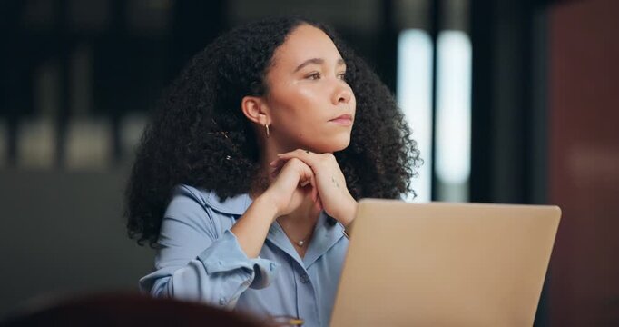 Business, woman or laptop with thinking at agency for article inspiration, headline ideas or editing. Journalist, news and proofreading with tech in office for storytelling angle or creative solution