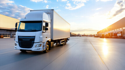Truck driving through industrial zone at sunset, showcasing vibrant sky and modern architecture