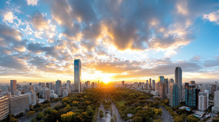 Fototapeta premium Dramatic urban skyline with sunset and clouds over cityscape