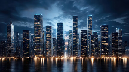 Fototapeta premium Futuristic urban skyline with illuminated skyscrapers reflecting on water at night