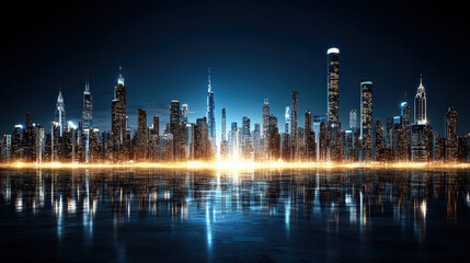 Fototapeta premium Futuristic urban skyline with illuminated buildings reflecting on water at night