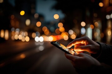 Nighttime smartphone usage, bokeh background, illuminated hand, city lights in soft focus