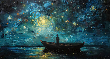Fototapeta premium Individual in a small boat gazes at a starry night sky filled with vibrant colors and celestial bodies, creating a serene and contemplative atmosphere