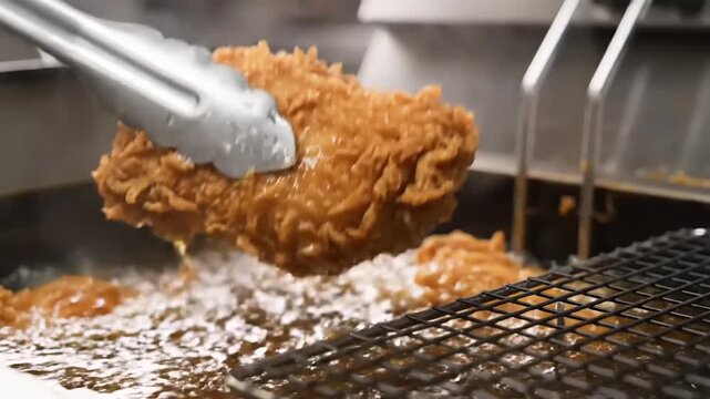 Crispy Golden Fried Chicken Being Removed from Hot Deep Fryer and Placed on Rack to Drain Oil