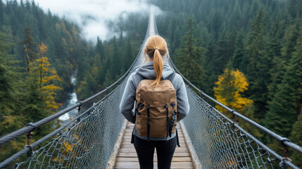 Woman stands suspension bridge surrounded by lush green trees and misty mountains, evoking sense