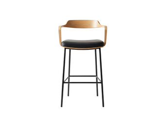 Fototapeta premium Modern bar stool with wooden arms and black padded seat isolated on transparent background