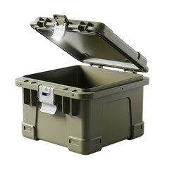 Open military green storage case with bright interior light on transparent  background