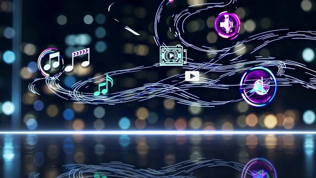Music and icons on a city background. Digital streaming of music and visuals. Icons of audio technology and multimedia background. Melody and symbols set against an urban backdrop lifestyle.
