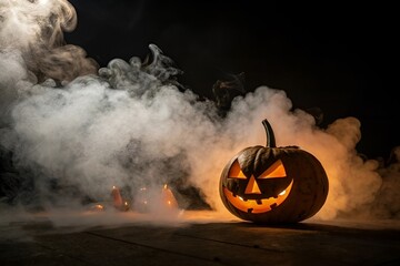 Sinister Jack-o’-Lantern Halloween Pumpkin Glowing Eyes Foggy Dark Scene