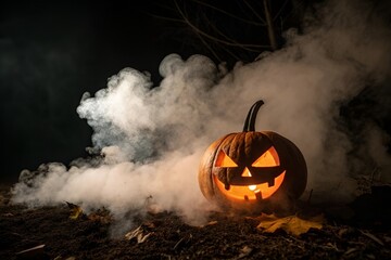 Sinister Jack-o’-Lantern Halloween Pumpkin Glowing Eyes Foggy Dark Scene