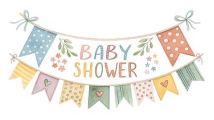 Whimsical watercolor baby shower bunting banner with colorful flags and floral accents celebrating new arrival