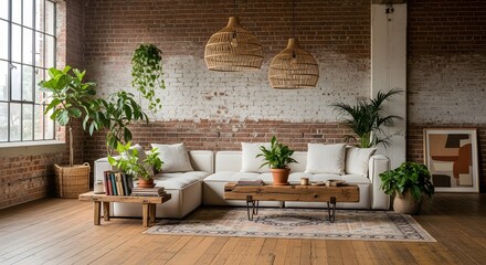 Bohemian living room with white sectional sofa and plants