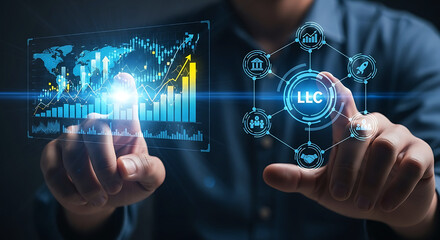 Business professional interacting with futuristic digital interface displaying charts and icons for technology and finance.