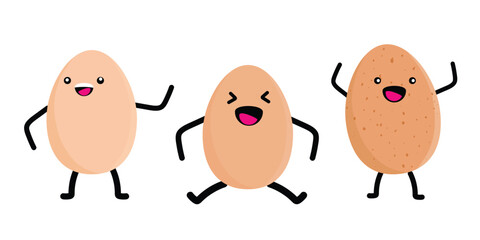Egg character set collection. Smiling and happy eggs. Cute eggs with kawaii funny face cartoon