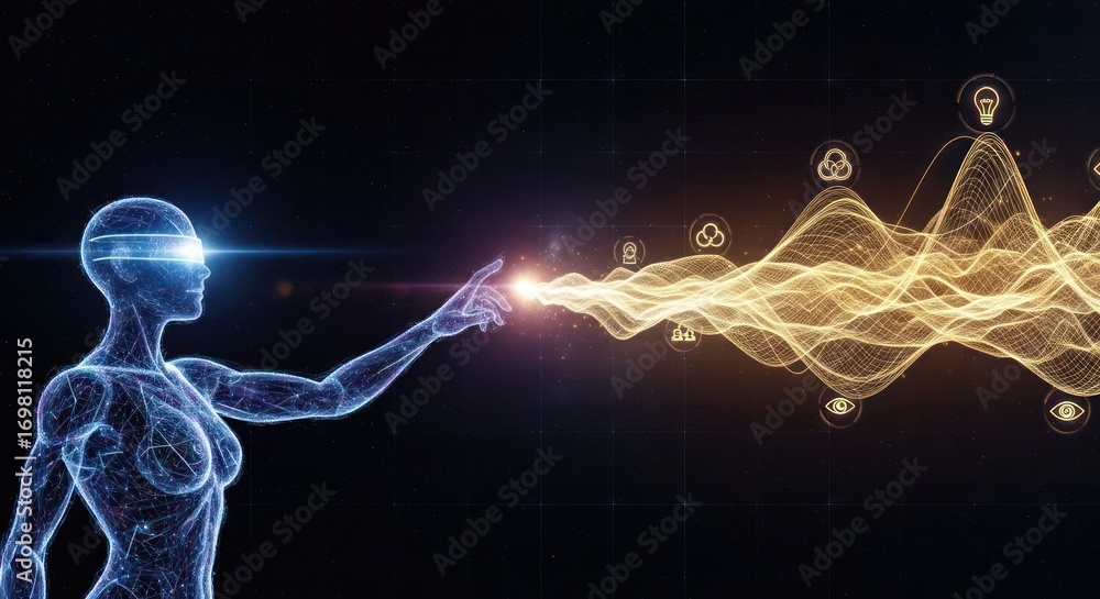 Poster artificial intelligence conduit interacting with virtual data stream representing digital