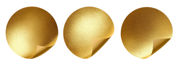 Three gold circular stickers with peeled edges