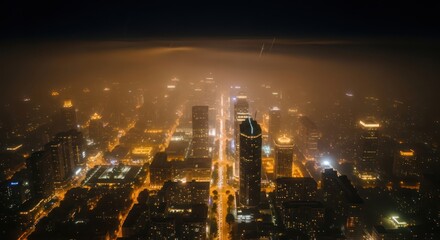 Cityscape shrouded in luminescence a vibrant metropolis under a mysterious atmospheric veil