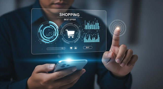 Business professional interacting with futuristic digital interface displaying financial data and shopping cart icon - Powered by Adobe