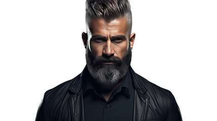 Obraz premium Confident mature man with stylish gray beard and modern haircut wearing black leather jacket isolated on white background