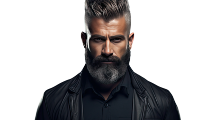 Confident mature man with stylish gray beard and modern haircut wearing black leather jacket isolated on white background