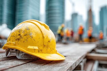 A weathered yellow hard hat rests on wood at a construction site, workers blurred behind
