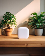 Fototapeta premium Smart Device on Wooden Shelf with Indoor Plants