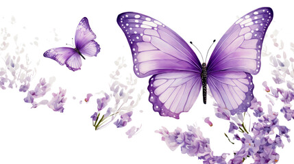 Purple butterflies flying among blooming flowers delicate spring nature illustration isolated on white background