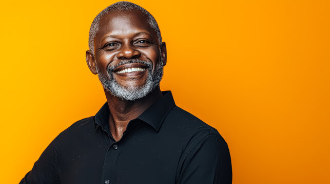 Smiling African American man with gray beard wearing black shirt poses confidently against vibrant orange background, showcasing warmth and approachability