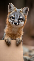 Fototapeta premium Gray fox holding blank sign in nature