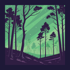 Fototapeta premium Aurora Borealis Over Forest Scenic Night Sky Northern Lights Display