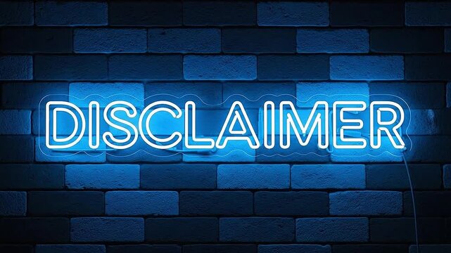 Neon glowing disclaimer text in futuristic typography displayed on dark blue brick wall background