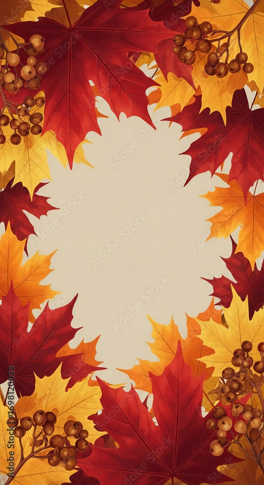 Poster red and yellow maple leaves frame a beige background, creating an autumnal border design. showcase i