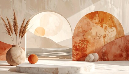 Beige and orange aesthetic display podium with arches and landscape