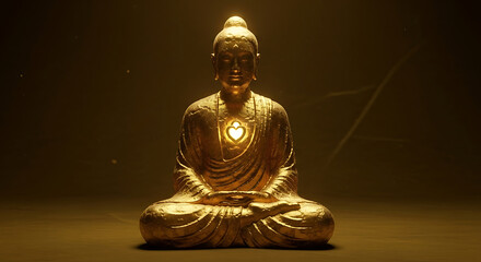 Golden buddha statue meditating illuminated heart chakra spiritual enlightenment inner peace serenity