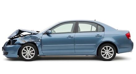 Blue sedan car with severe front end damage after a crash