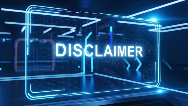 Futuristic glowing disclaimer text displayed in neon blue holographic virtual environment