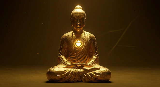Golden buddha statue meditating illuminated heart chakra spiritual enlightenment inner peace serenity