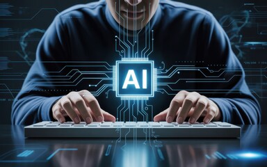 Anonymous hooded figure typing on a keyboard with a glowing blue artificial intelligence CPU icon representing future technology