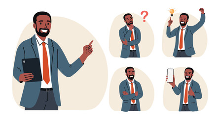 Business man.Set Different poses.Vector flat style cartoon illustration