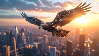 Obraz premium Cybernetic Eagle Soaring Over Cityscape at Sunset