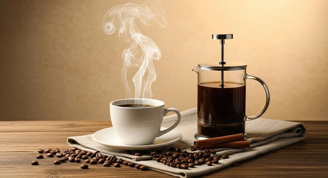 French press coffee with cinnamon sticks and coffee beans