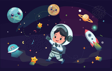 colorful cartoon space vector background – astronaut, planets, stars, and galaxy illustration