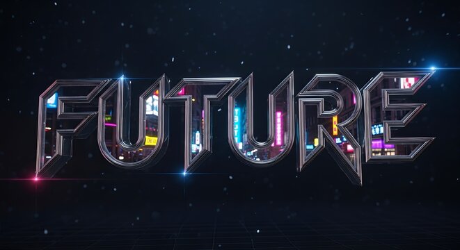 Futuristic Neon 3D Text with City Lights and Starry Background