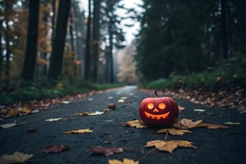 Spooky Red Apple Jack-o’-Lantern Halloween Carved Face Eerie Forest Scene