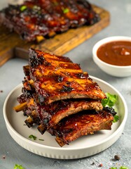 Stacked BBQ ribs on a plate
