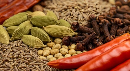 Obraz premium Raw spices close-up (elaichi, laung, zeera, mirch).