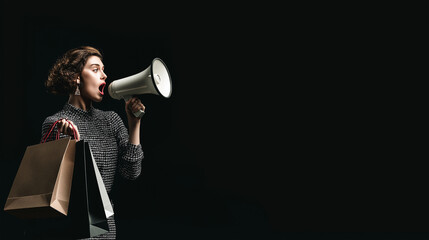 Promotion Announcement: A woman uses a megaphone, shouting and holding shopping bags. Expressing the energy of announcement with modern clothing.