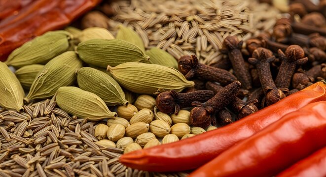 Raw spices close-up (elaichi, laung, zeera, mirch).