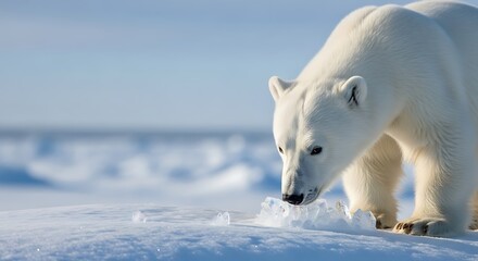 A majestic polar bear with its white fur blends into the icy Arctic landscape as it cautiously sniffs the frozen ground.
