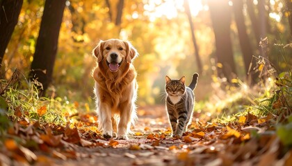 A golden retriever and a tabby cat stroll together on a leaf-strewn path in a sun-dappled autumn forest